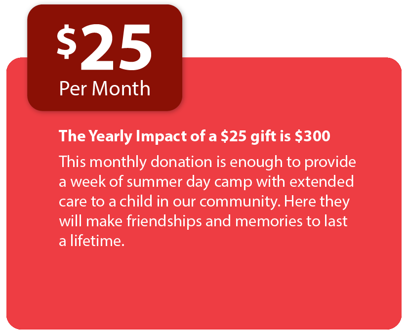 The Yearly Impact of a $25 gift is $300. This monthly donation is enough to provide a week of summer day camp with extended care to a child in our community. Here they will make friendships and memories to last a lifetime.